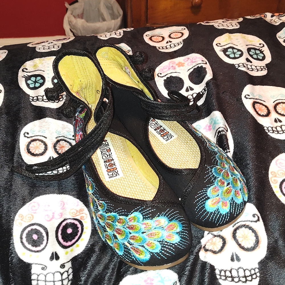 embroidered peacock flats